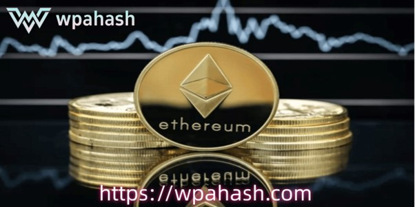A close-up of a gold Ethereum coin displayed on a stack of similar coins, with a digital graph in the background.
